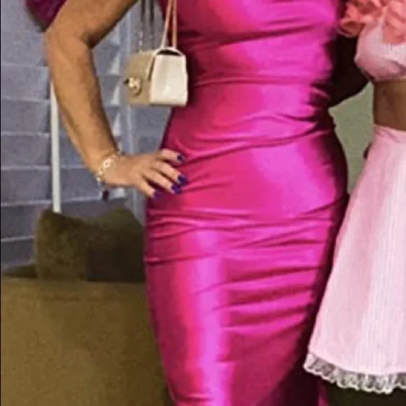 Neon Pink Satin MIDI Slip Dress - Picture 3 of 6